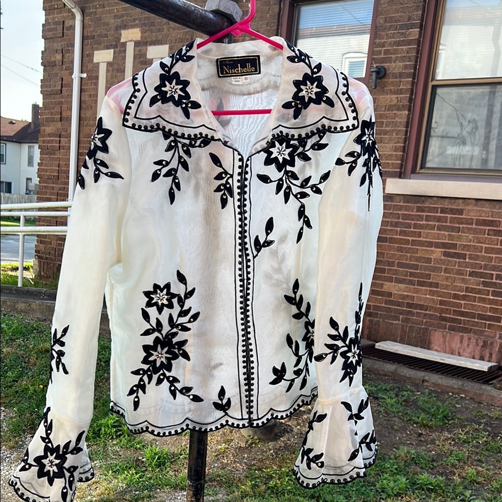 White and Black Floral Embroidered Vintage Shirt